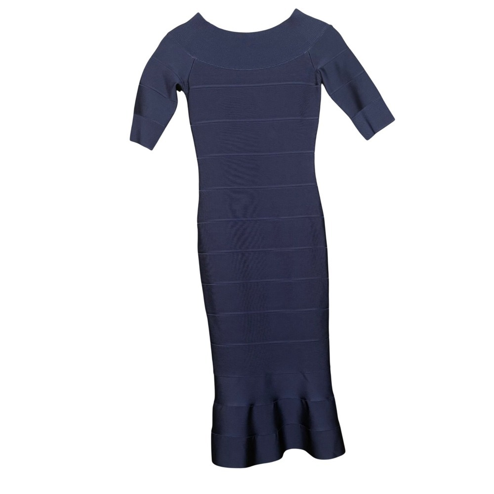 Hervé Léger Blue Bandage Bodycon Midi Dress XS Off Shoulder Short Sleeve